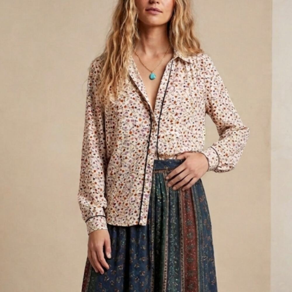 Romantic Ditsy Floral Button Down Blouse Zara XS Contrast Piping
